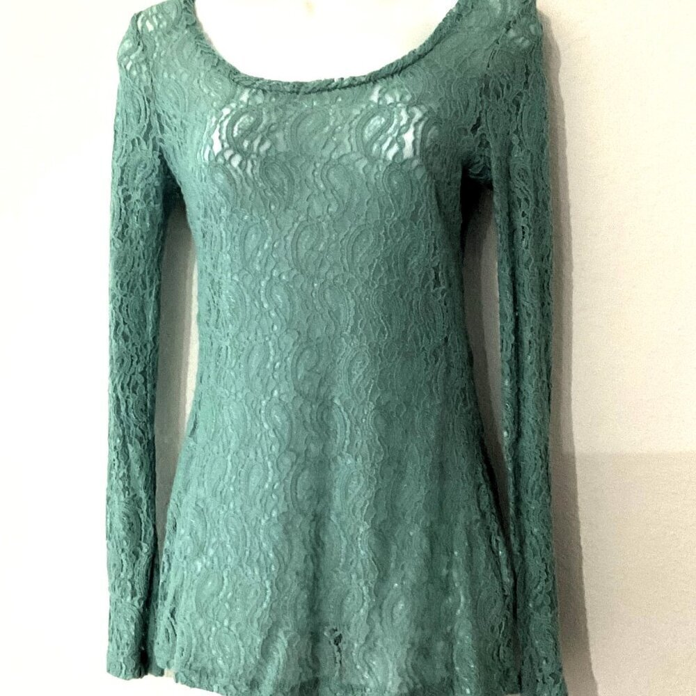 VANITY Y2K Sheer Lace Knit Top Mint Green Long Sleeve Tunic Blouse Medium GUC